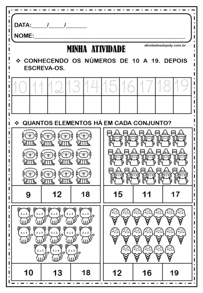 Atividades - Numerais E Quantidades - 10 A 19 | Atividades Da Poly